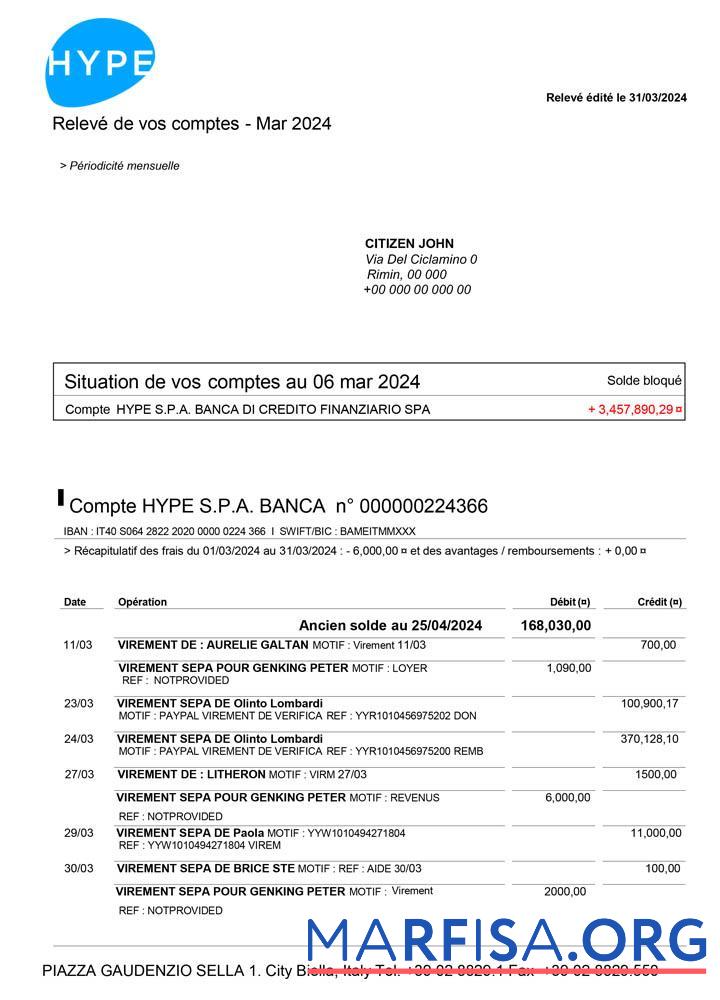 Downloadable Italy HYPE SPA bank statement word template